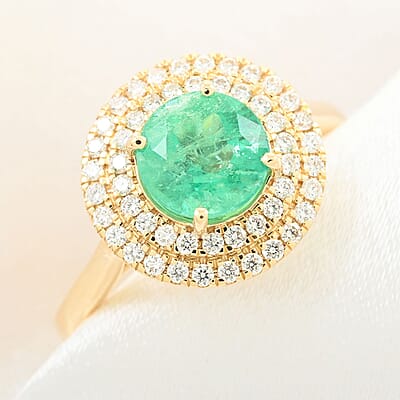 Certified and Appraised Iliana AAA Boyaca Colombian Emerald and SI Diamond 1.80 ctw Double Halo Ring in 18K Yellow Gold (Size 11.0) 4.75 Grams
