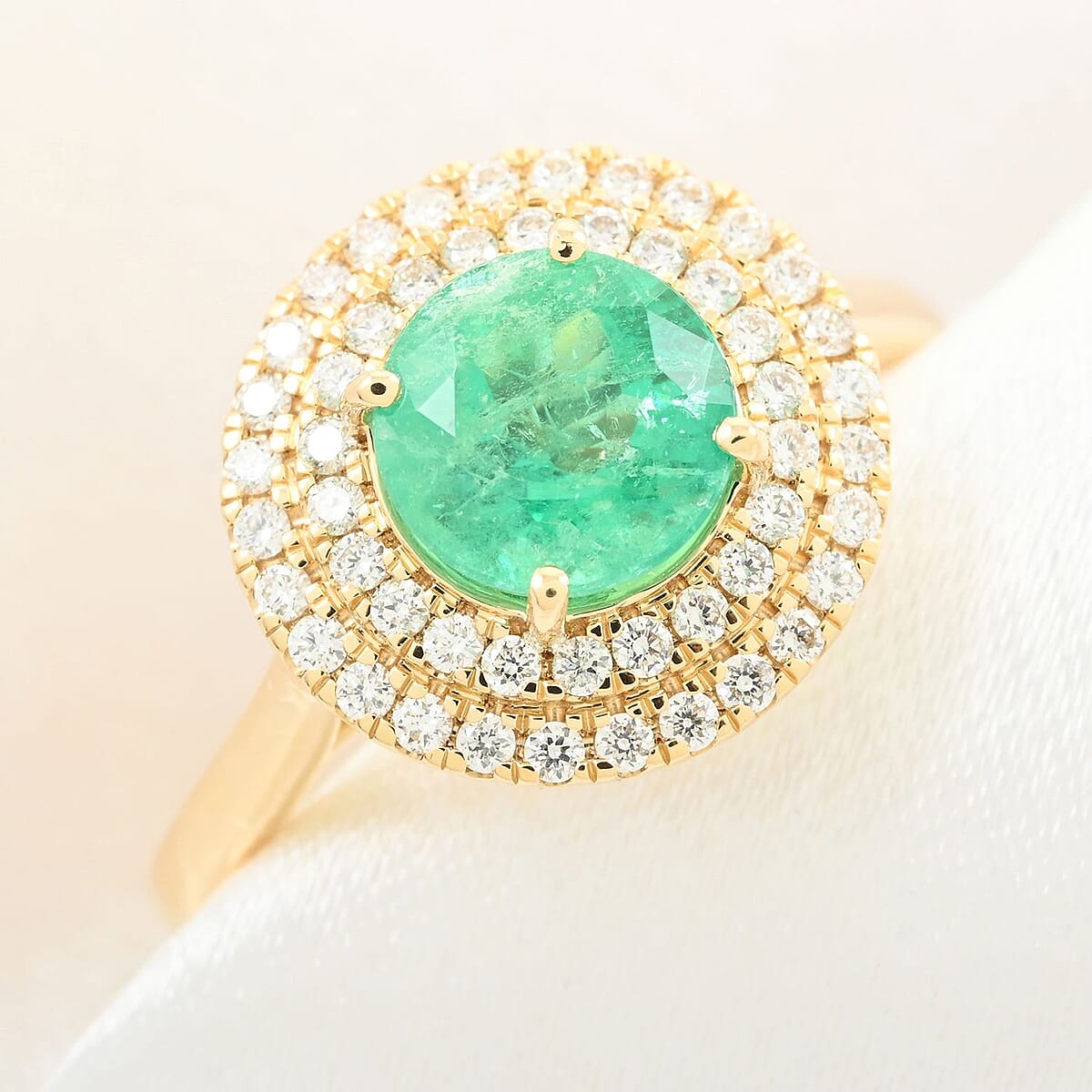 Iliana AAA Boyaca Colombian Emerald and SI Diamond 1.80 ctw Double Halo Ring in 18K Yellow Gold (Size 6.5) 4.75 Grams image number 1