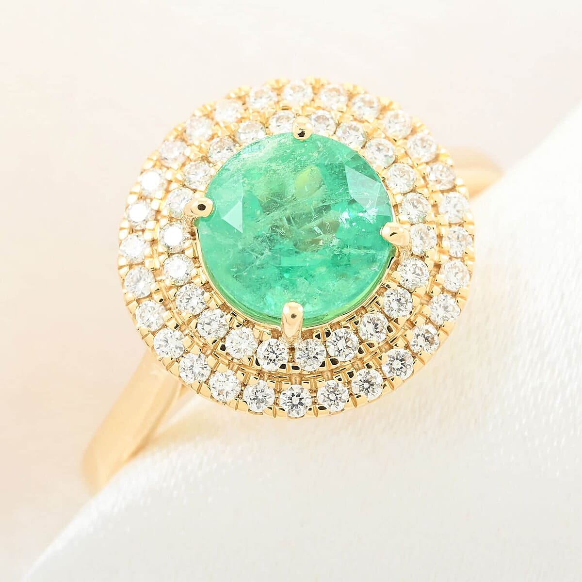 Iliana AAA Boyaca Colombian Emerald and SI Diamond 1.80 ctw Double Halo Ring in 18K Yellow Gold (Size 7.0) 4.75 Grams image number 1