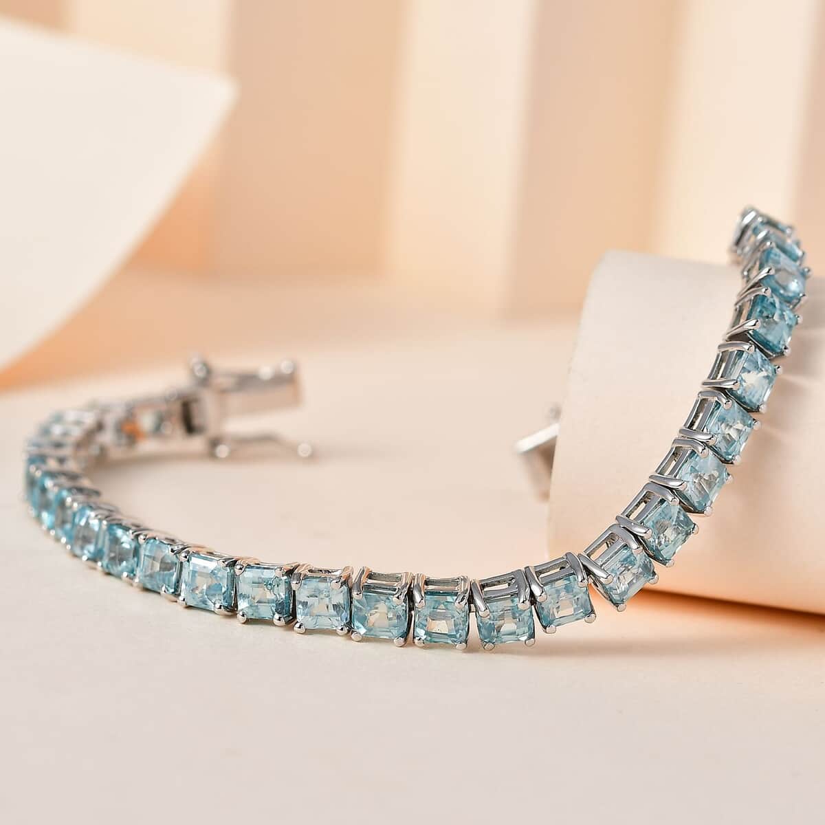 Asscher Cut Cambodian Blue Zircon Tennis Bracelet in Platinum Over Sterling Silver (6.50 In) 19.20 ctw image number 1