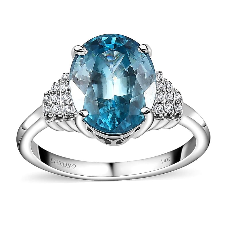 Luxoro AAA Cambodian Blue Zircon and G-H I2 Diamond 5.60 ctw Ring in 14K White Gold (Size 10.0)