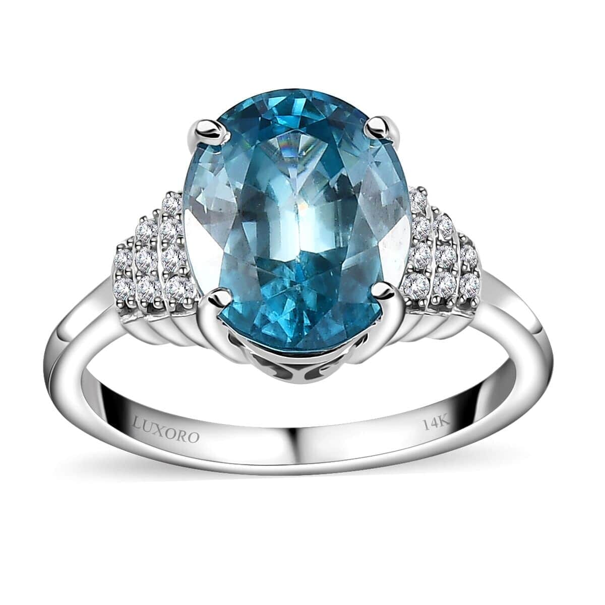 Luxoro AAA Cambodian Blue Zircon and G-H I2 Diamond 5.60 ctw Ring in 14K White Gold (Size 6.0) image number 0