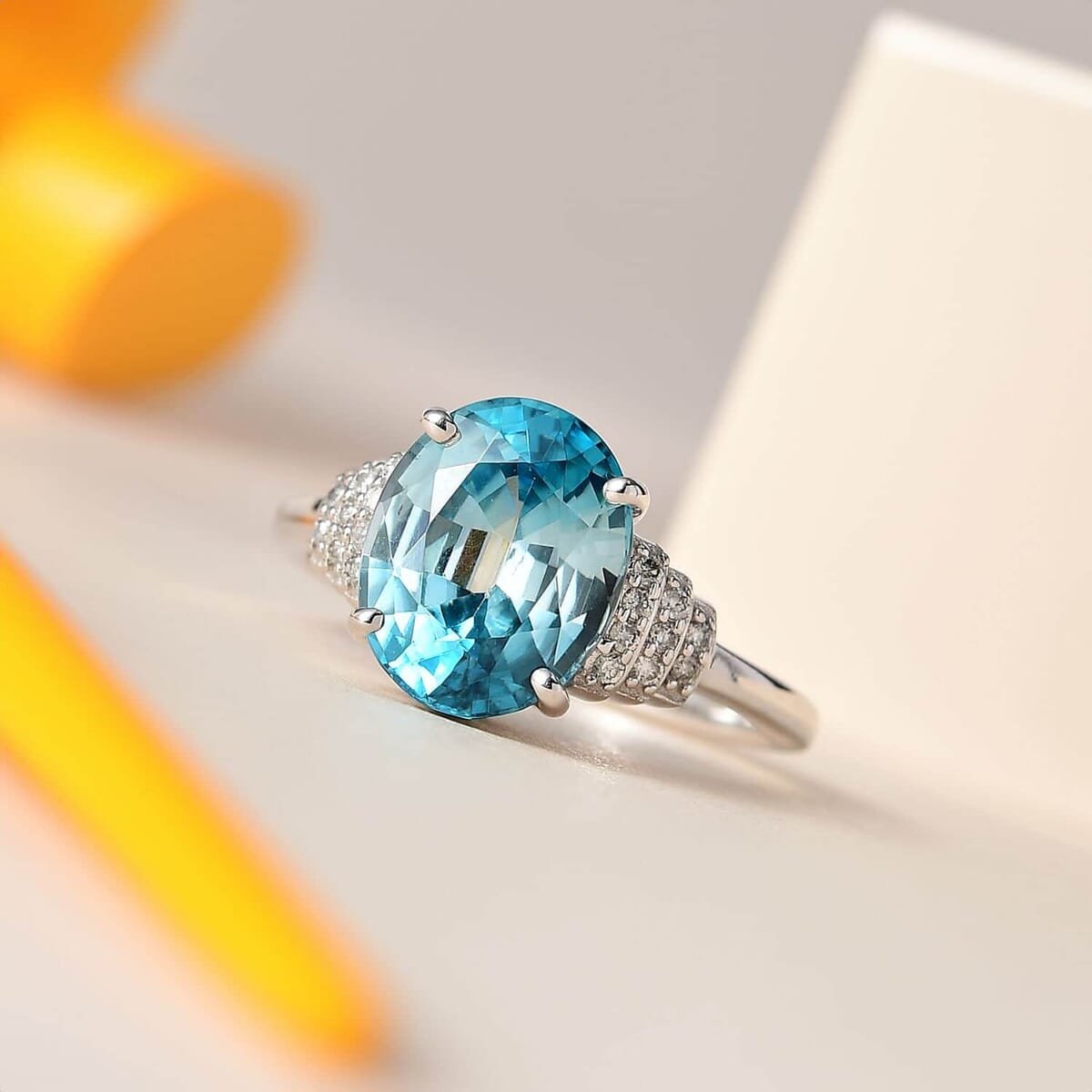 Luxoro AAA Cambodian Blue Zircon and G-H I2 Diamond 5.60 ctw Ring in 14K White Gold (Size 6.0) image number 1