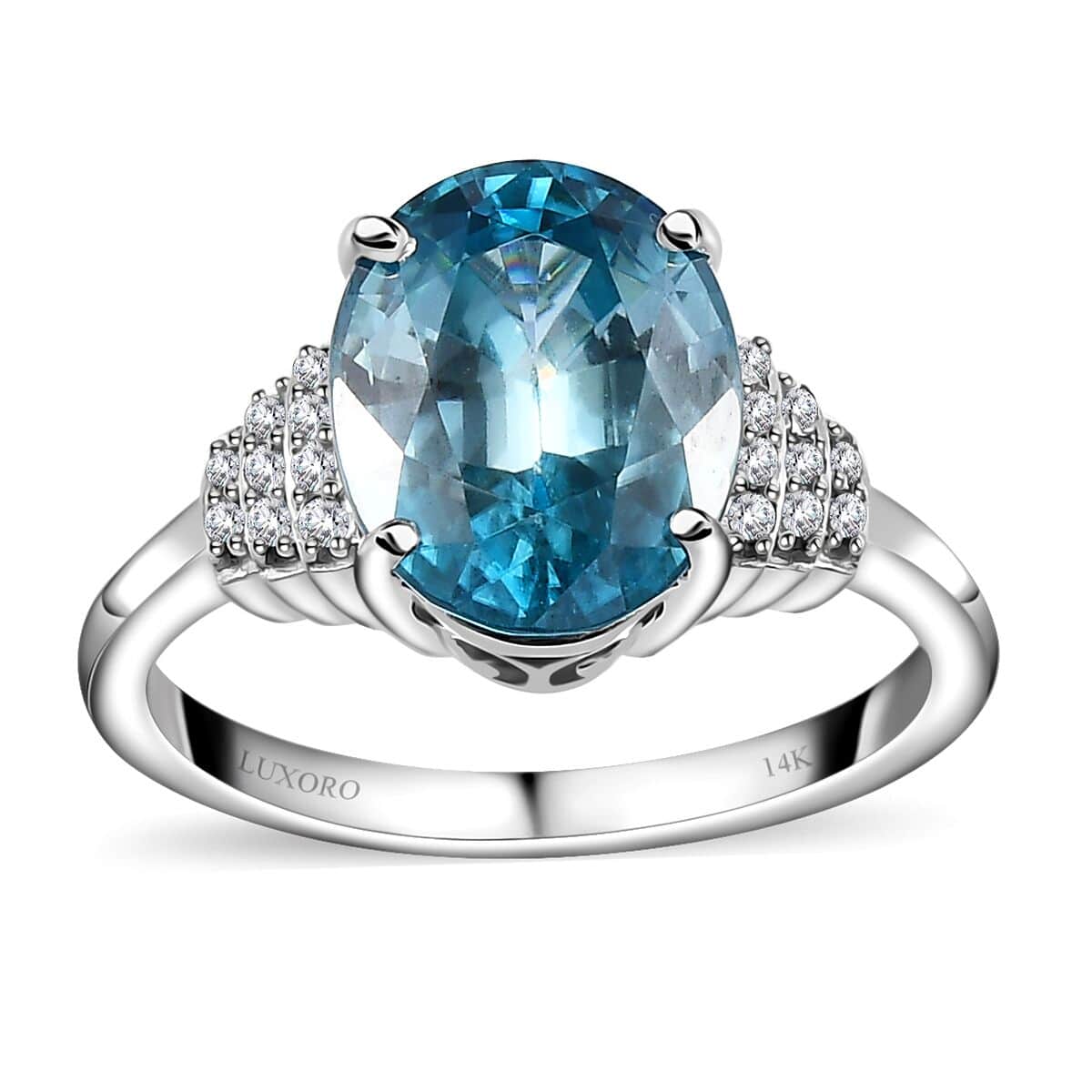 Luxoro 14K White Gold AAA Cambodian Blue Zircon and G-H I2 Diamond Ring (Size 7.0) 5.60 ctw image number 0