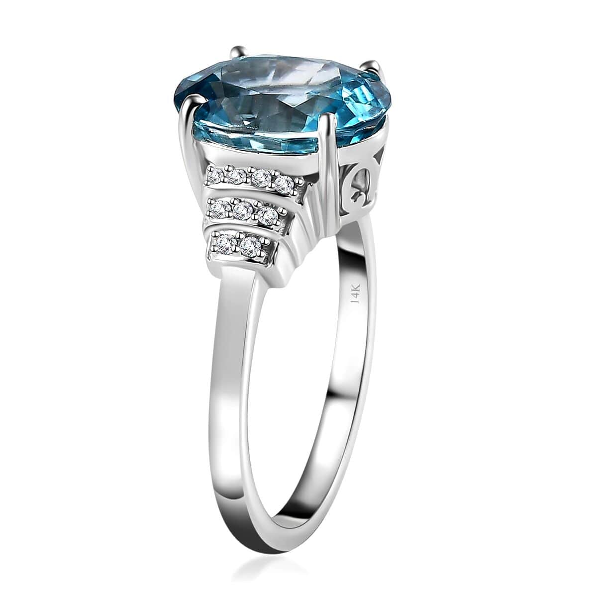 Luxoro 14K White Gold AAA Cambodian Blue Zircon and G-H I2 Diamond Ring (Size 7.0) 5.60 ctw image number 3