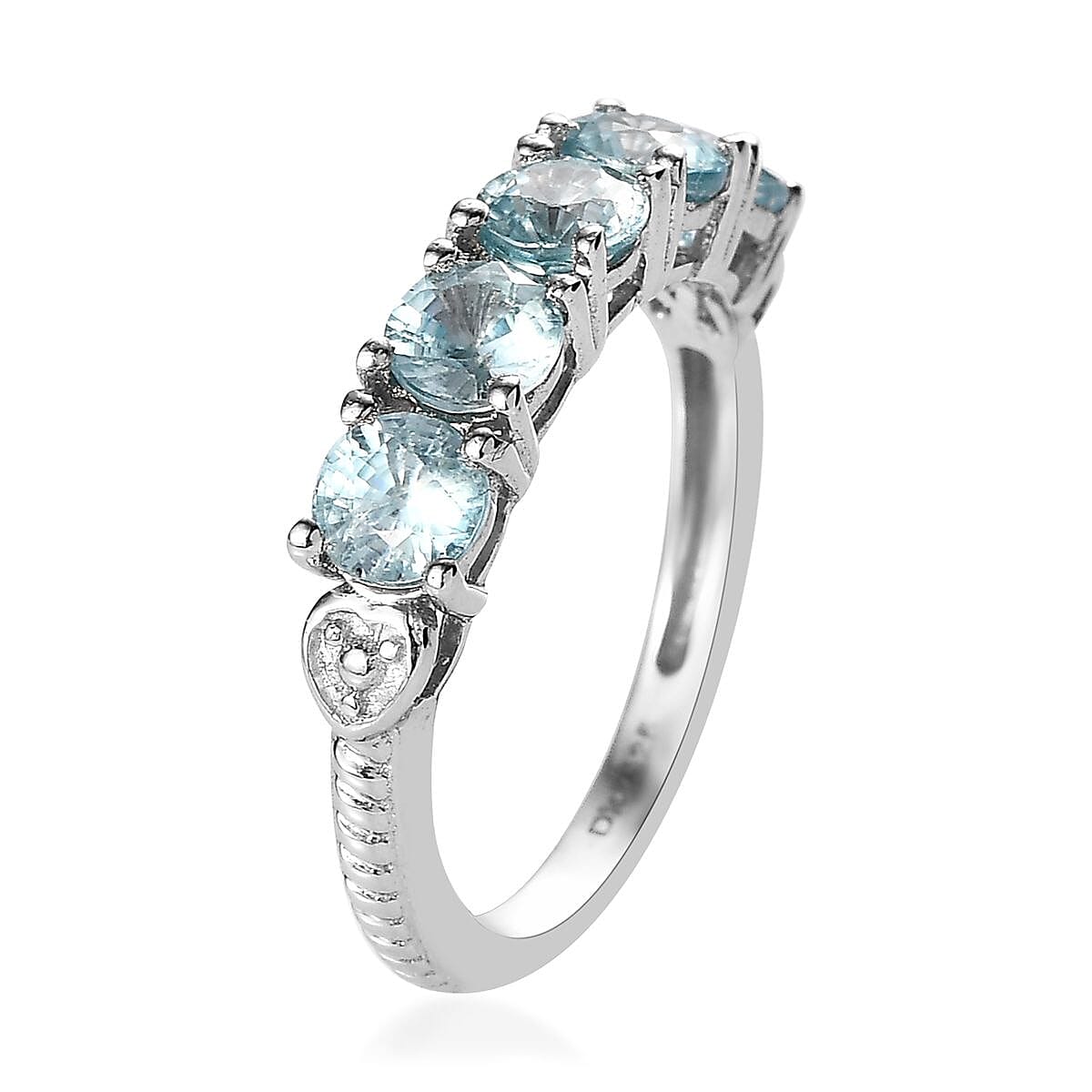 Cambodian Blue Zircon 5 Stone Ring in Platinum Over Sterling Silver (Size 9.0) 2.20 ctw image number 3