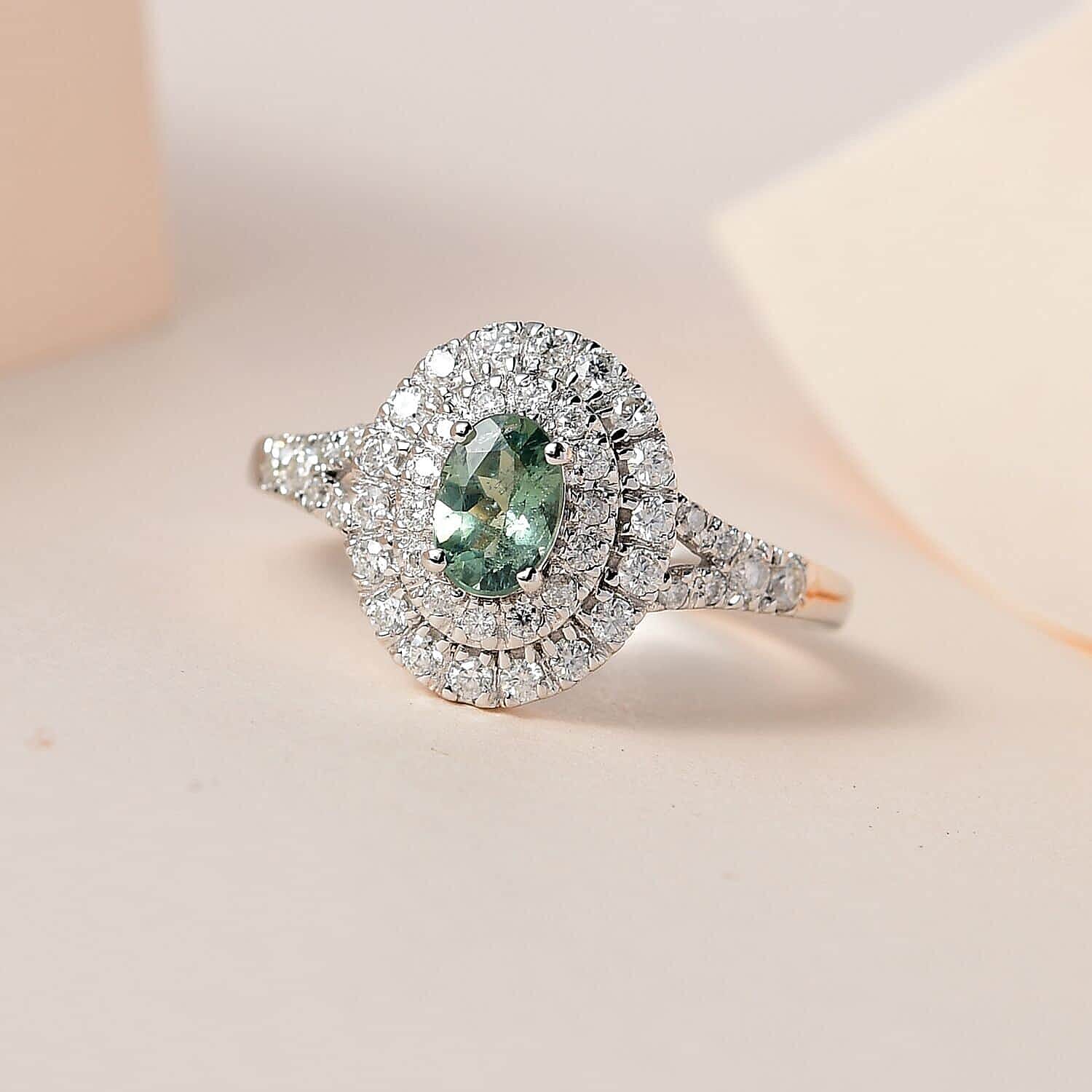 Luxoro 14K White Gold AAA Narsipatnam Alexandrite and Moissanite Double Halo Ring (Size 11.0) 1.10 ctw