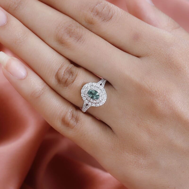Luxoro 14K White Gold AAA Narsipatnam Alexandrite and Moissanite Double Halo Ring (Size 11.0) 1.10 ctw