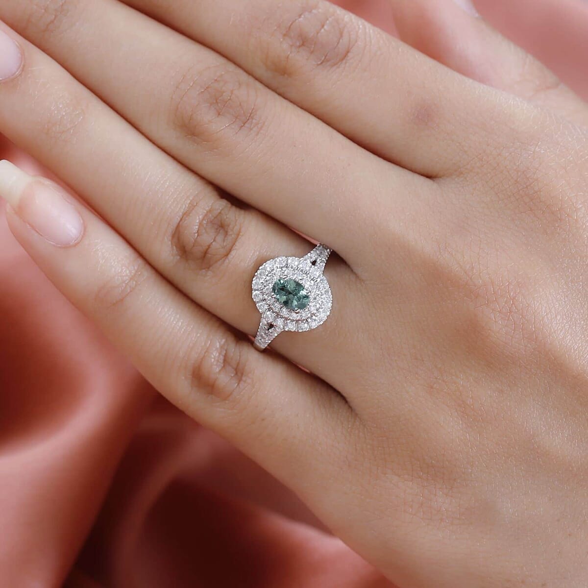 Luxoro 14K White Gold AAA Narsipatnam Alexandrite and Moissanite Double Halo Ring (Size 9.5) 1.10 ctw image number 2