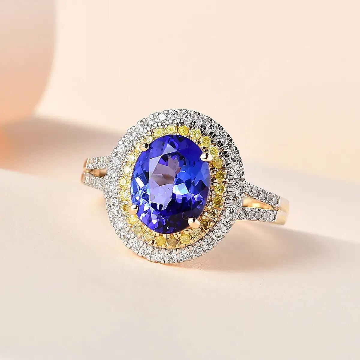 Luxoro 14K Yellow Gold AAA Tanzanite, I2-I3 Natural Yellow and White Diamond Double Halo Ring (Size 10.5) 2.75 ctw image number 1