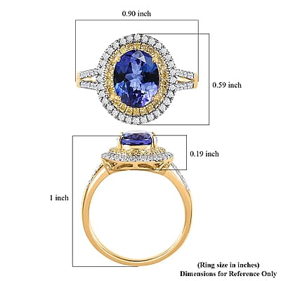 Luxoro 14K Yellow Gold AAA Tanzanite, I2-I3 Natural Yellow and White Diamond Double Halo Ring (Size 11.0) 2.75 ctw