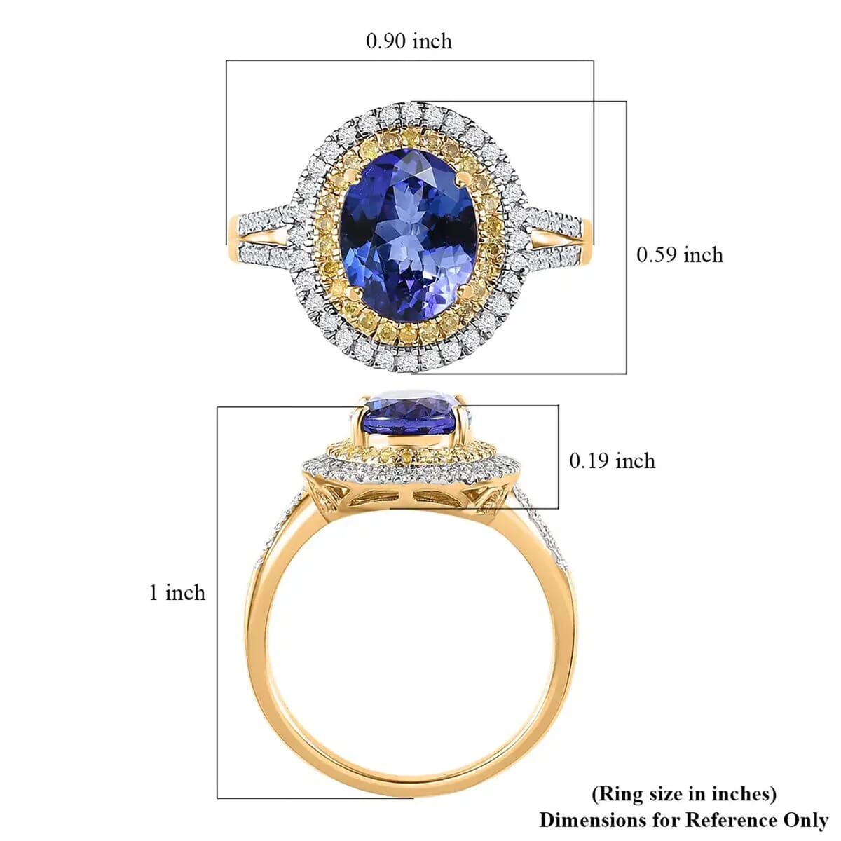 Luxoro 14K Yellow Gold AAA Tanzanite, I2-I3 Natural Yellow and White Diamond Double Halo Ring (Size 7.5) 2.75 ctw image number 6