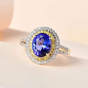 Luxoro 14K Yellow Gold AAA Tanzanite, I2-I3 Natural Yellow and White Diamond Double Halo Ring (Size 8.5) 2.75 ctw