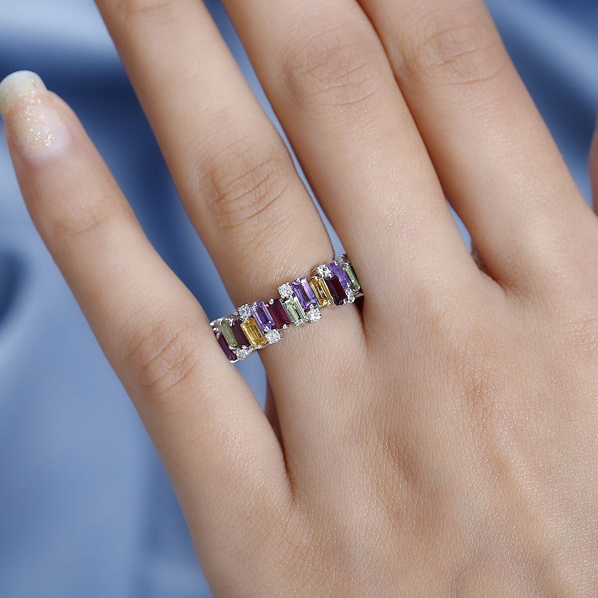 GP Art Deco Collection Multi Gemstone Eternity Ring in Platinum Over Sterling Silver (Size 6.0) (Del. in 8-10 Days) 4.50 ctw image number 2