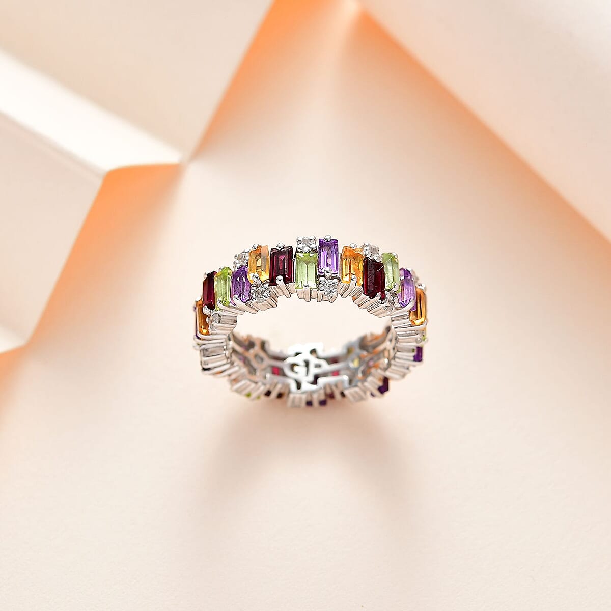 GP Art Deco Collection Multi Gemstone 4.50 ctw Eternity Ring in Platinum Over Sterling Silver (Size 9.0) image number 1