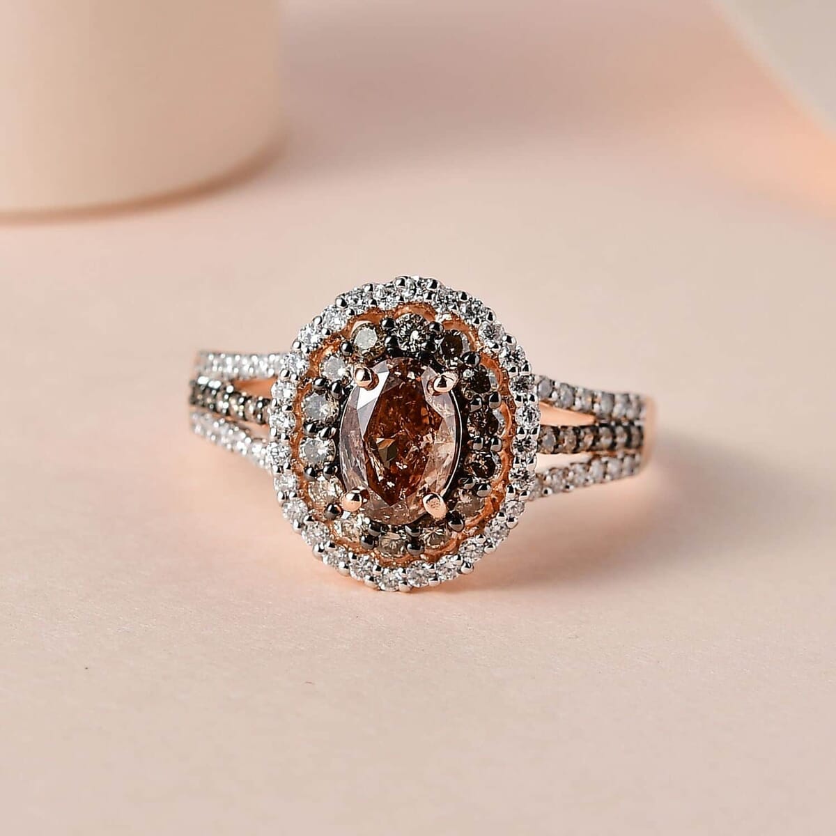 Luxoro 14K Rose Gold I1-I2 Natural Champagne and White Diamond Double Halo Ring (Size 10.5) 2.00 ctw image number 1