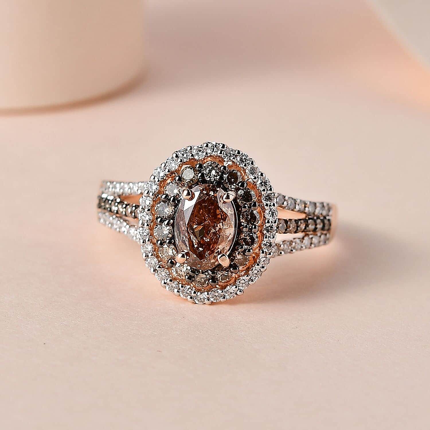 Luxoro 14K Rose Gold I1-I2 Natural Champagne and White Diamond Double Halo Ring (Size 11.0) 2.00 ctw