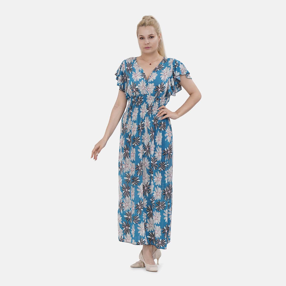 Tamsy Teal Daisy Smocked Waist Maxi Dress with Flutter Sleeve - One Size Fits Most image number 0