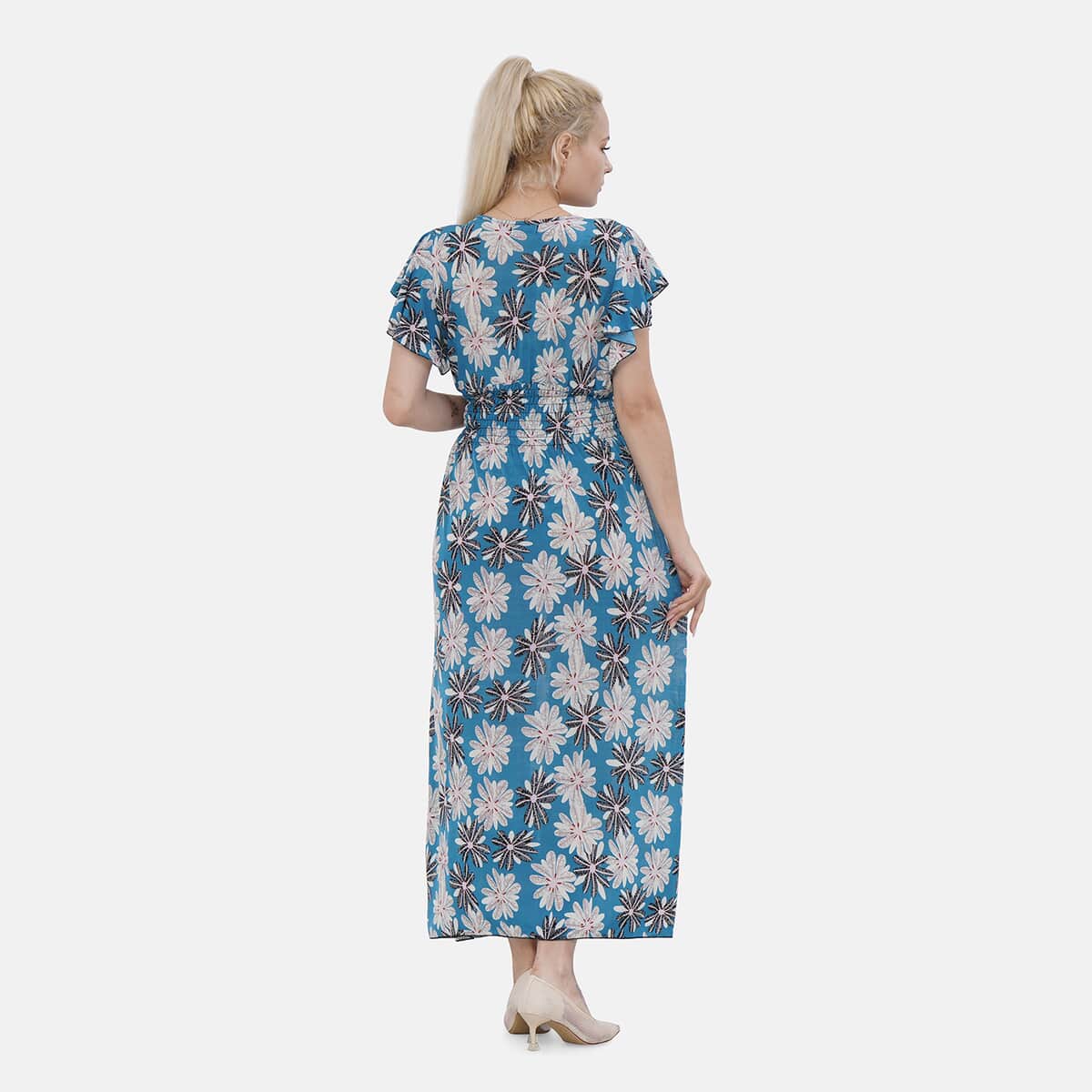 Tamsy Teal Daisy Smocked Waist Maxi Dress with Flutter Sleeve - One Size Fits Most image number 1