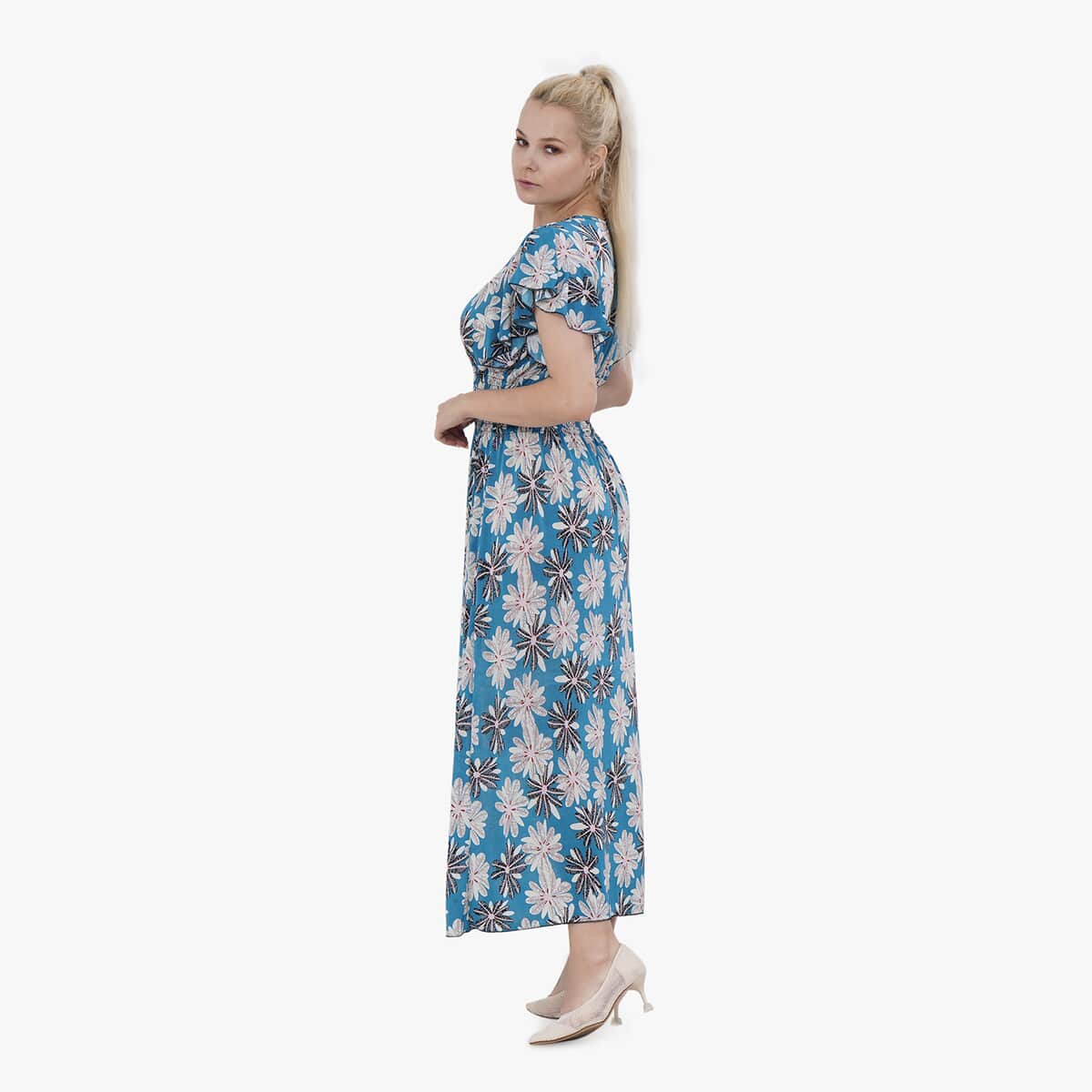 Tamsy Teal Daisy Smocked Waist Maxi Dress with Flutter Sleeve - One Size Fits Most image number 2