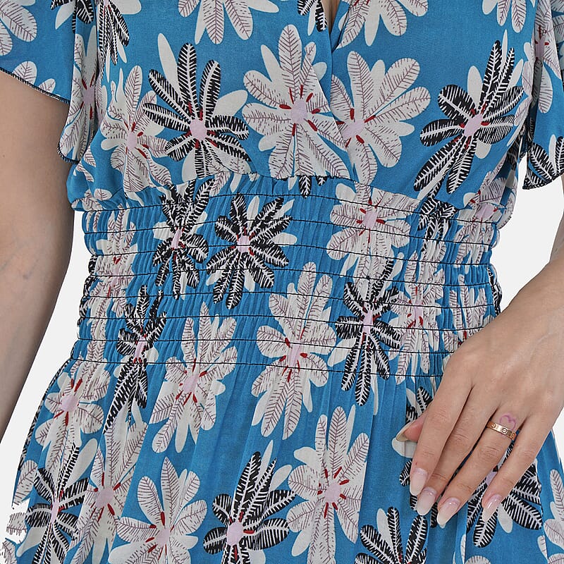 Tamsy Teal Daisy Smocked Waist Maxi Dress with Flutter Sleeve - One Size Fits Most
