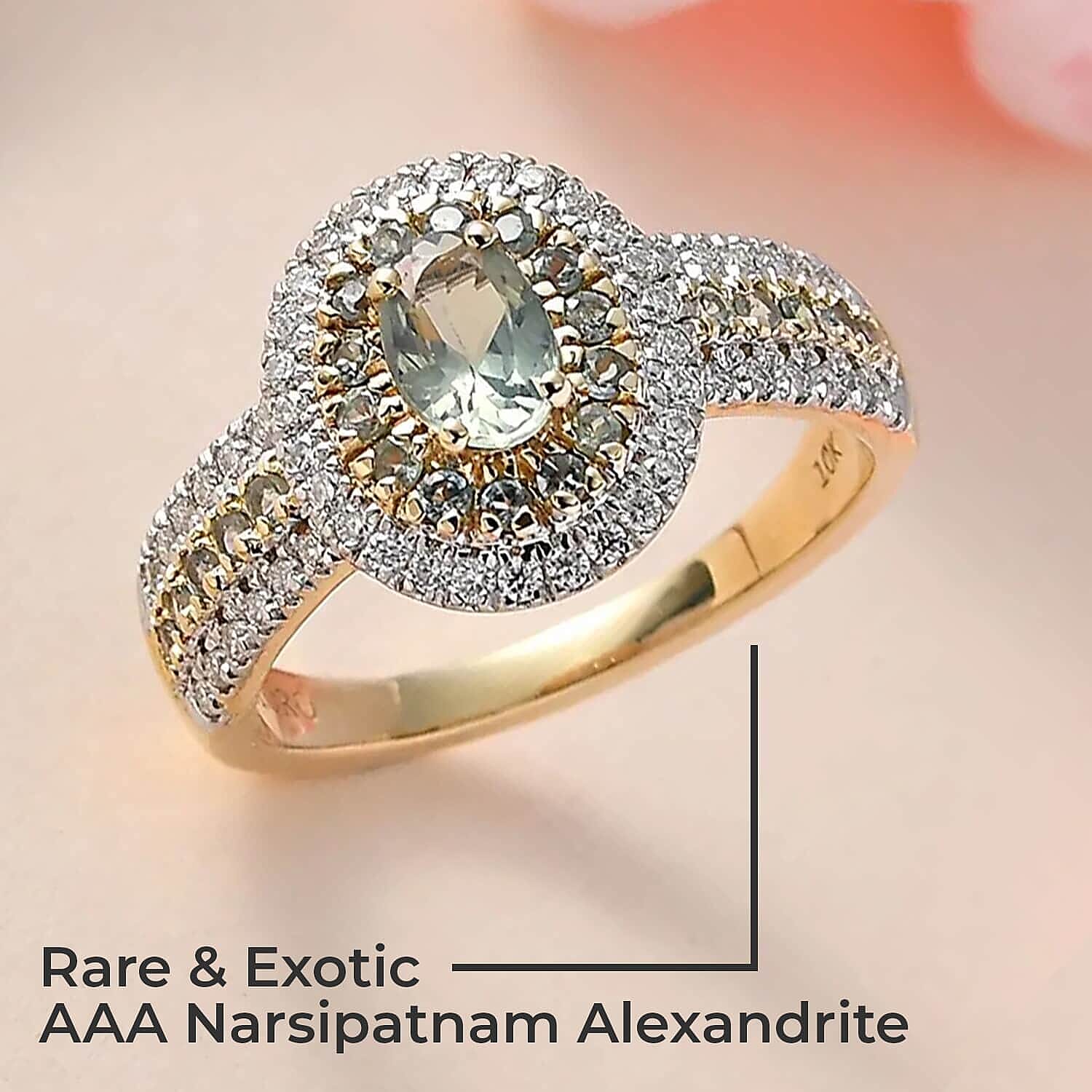 Luxoro AAA Narsipatnam Alexandrite Double Halo Ring, Moissanite Accent Ring, AAA Narsipatnam Alexandrite Ring, 10K Yellow Gold Ring, 1.50 ctw (Size 10)