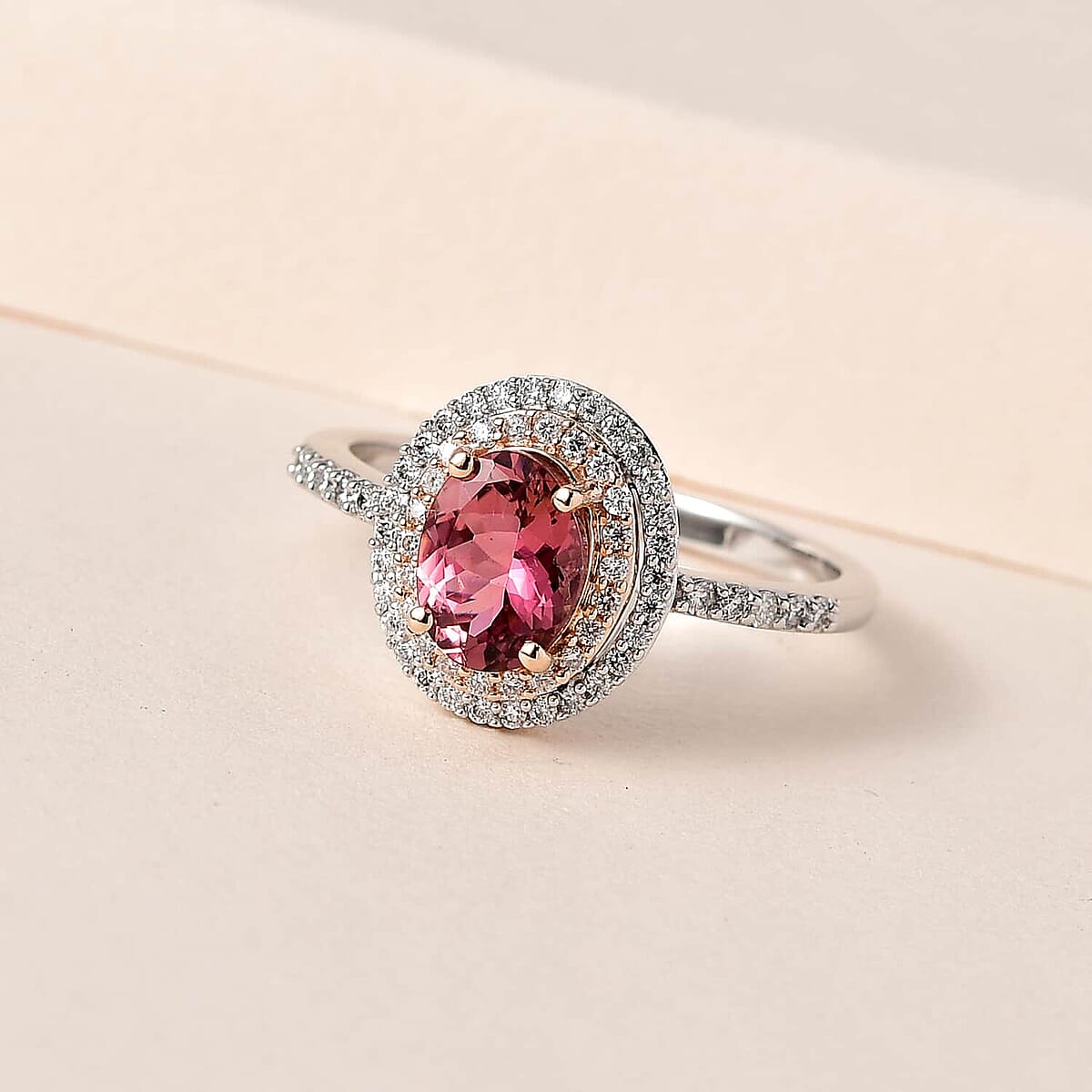 Luxoro 10K White and Rose Gold AAA Morro Redondo Pink Tourmaline and Moissanite Double Halo Ring (Size 6.5) 1.40 ctw image number 1