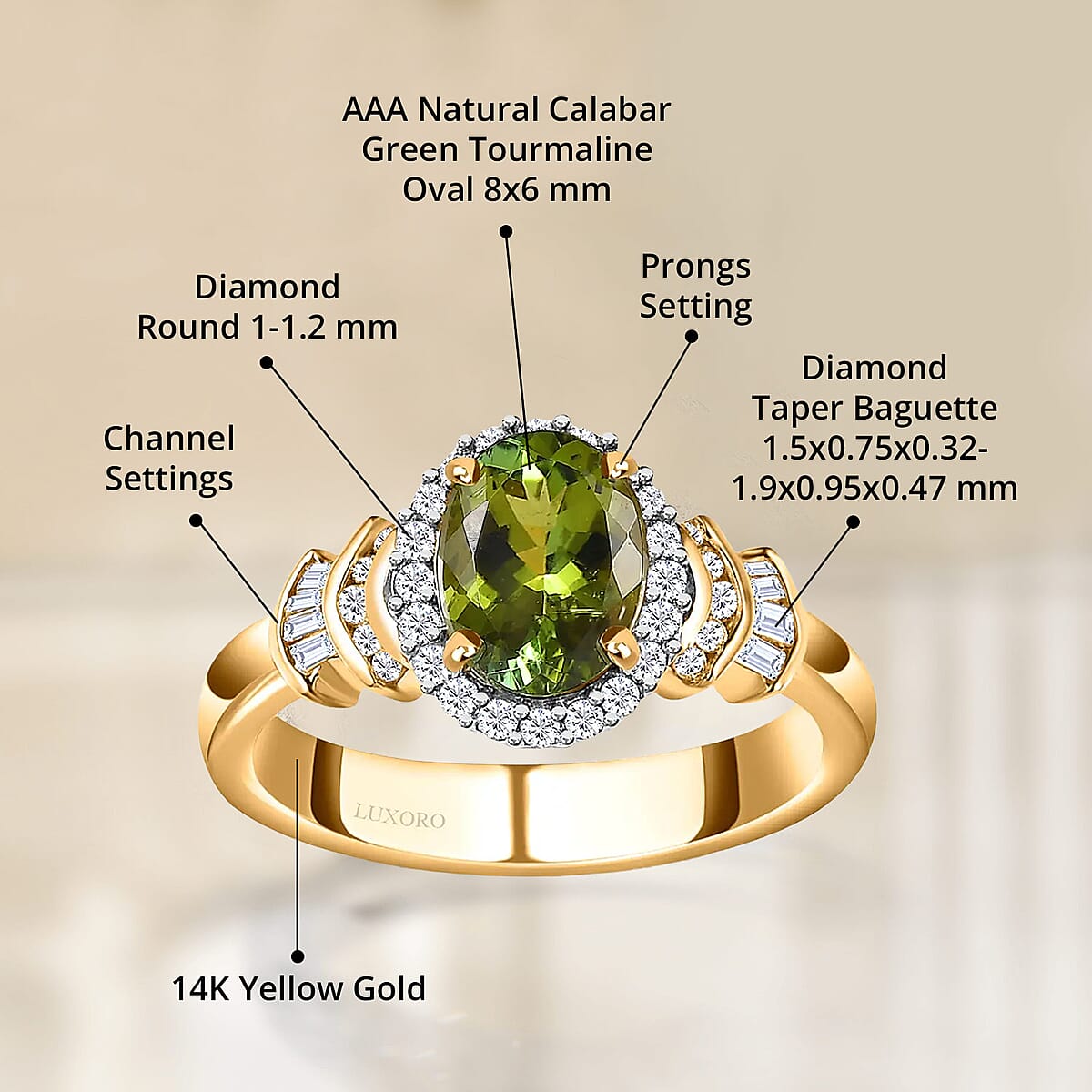 Luxoro AAA Natural Calabar Green Tourmaline and G-H I3 Diamond 1.50 ctw Halo Ring in 14K Yellow Gold (Size 11.0) image number 4