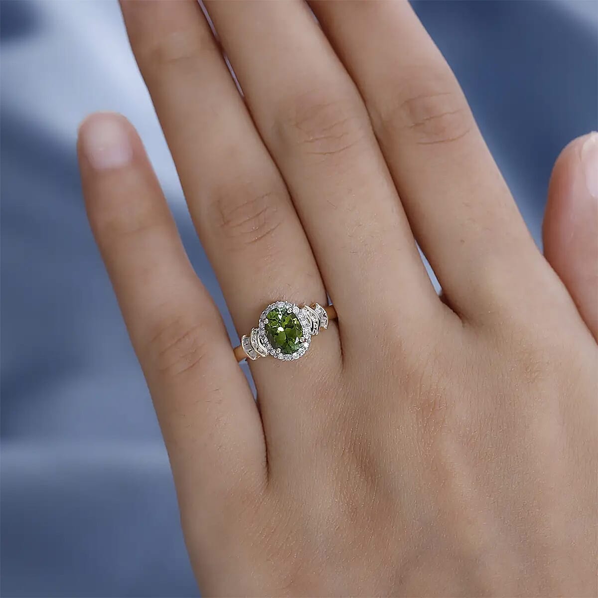 Luxoro AAA Natural Calabar Green Tourmaline and G-H I3 Diamond 1.50 ctw Halo Ring in 14K Yellow Gold (Size 11.0) image number 7