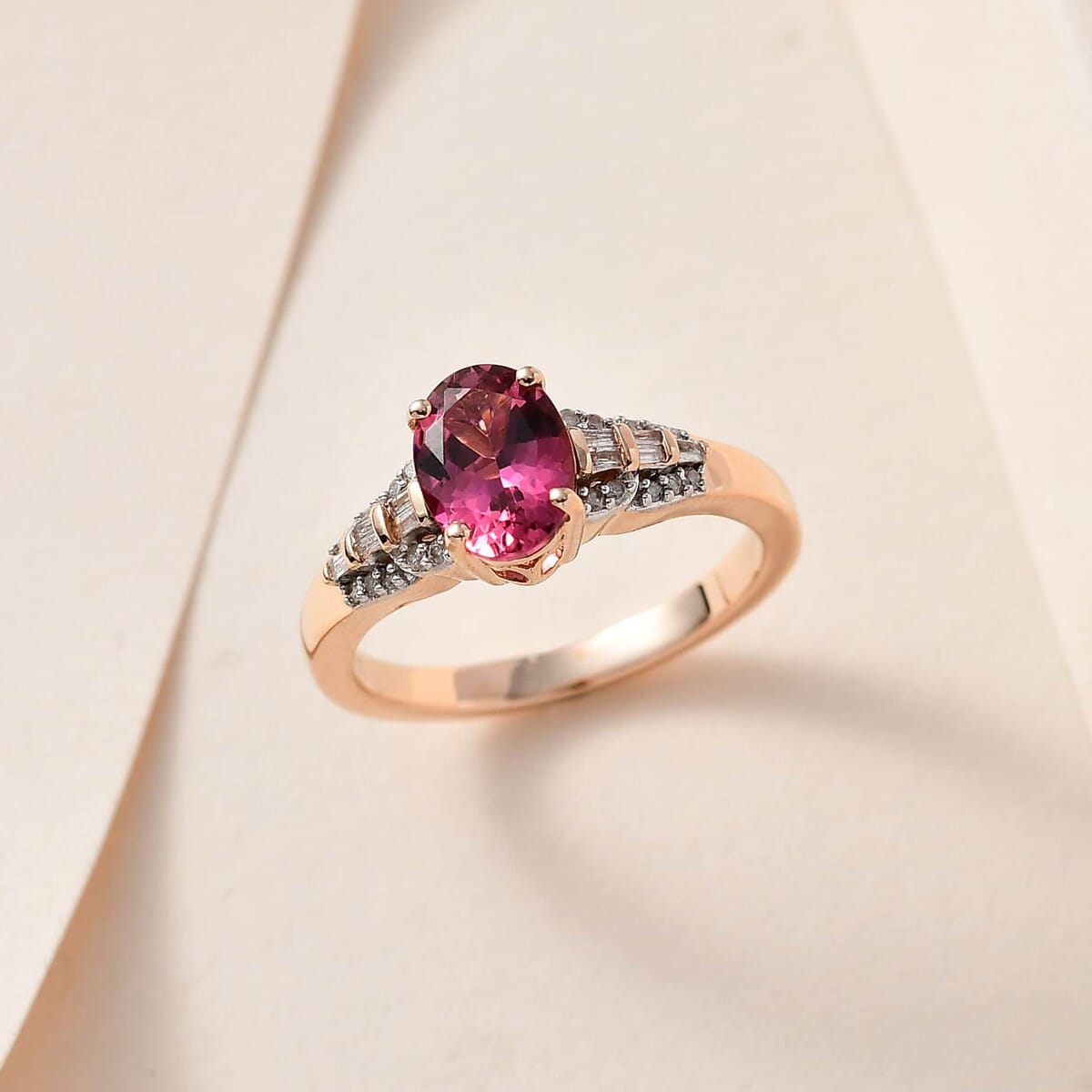 Luxoro 10K Rose Gold AAA Natural Calabar Pink Tourmaline and Diamond Ring (Size 6.5) 1.35 ctw image number 1