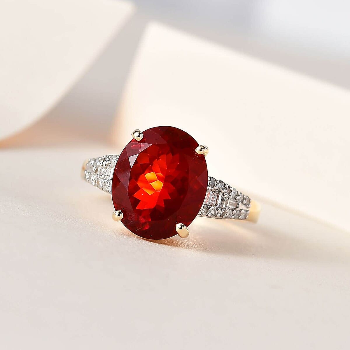 Luxoro 10K Yellow Gold Premium Mexican Cherry Fire Opal and Diamond Ring (Size 5.5) 3.40 ctw image number 1