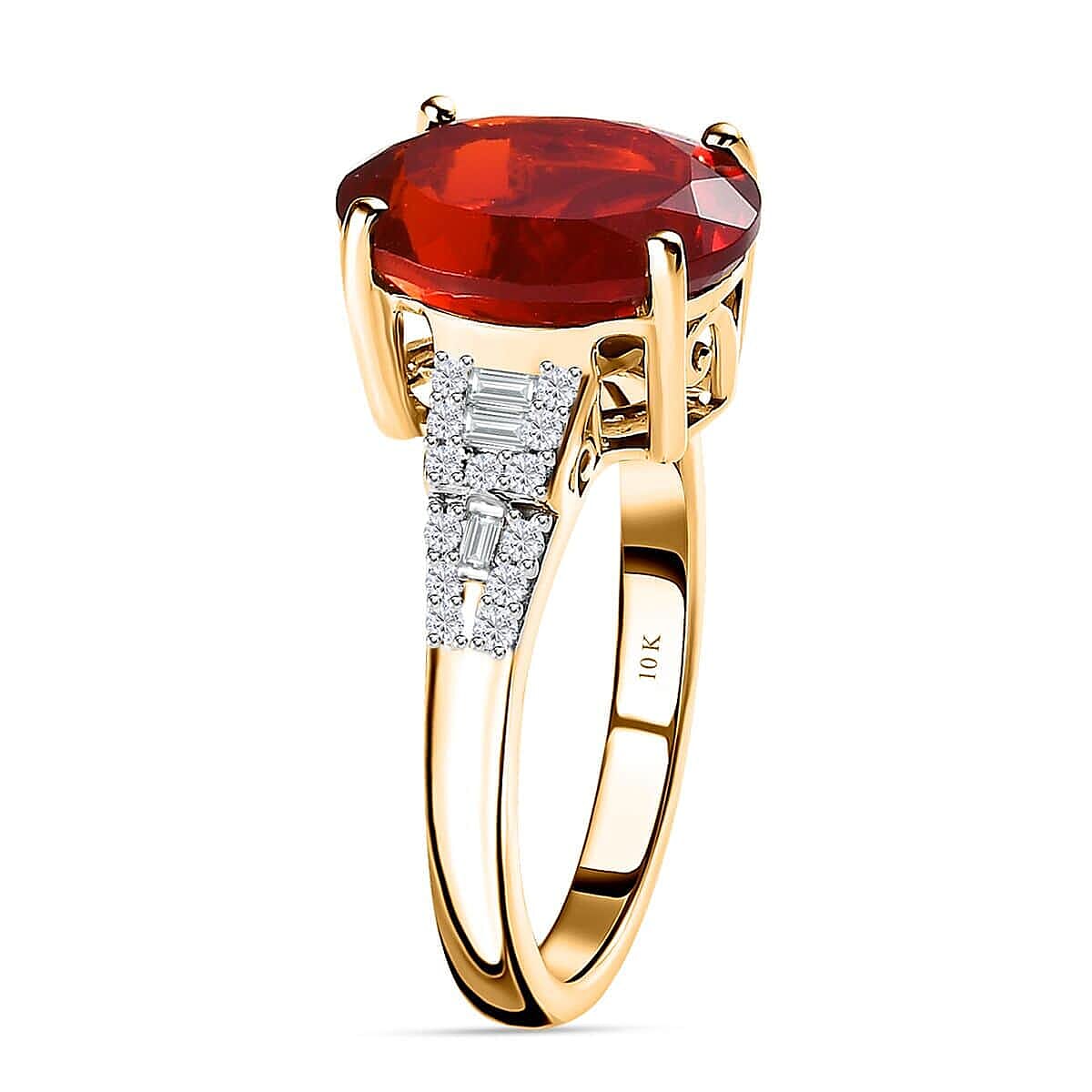 Luxoro 10K Yellow Gold Premium Mexican Cherry Fire Opal and Diamond Ring (Size 5.5) 3.40 ctw image number 3