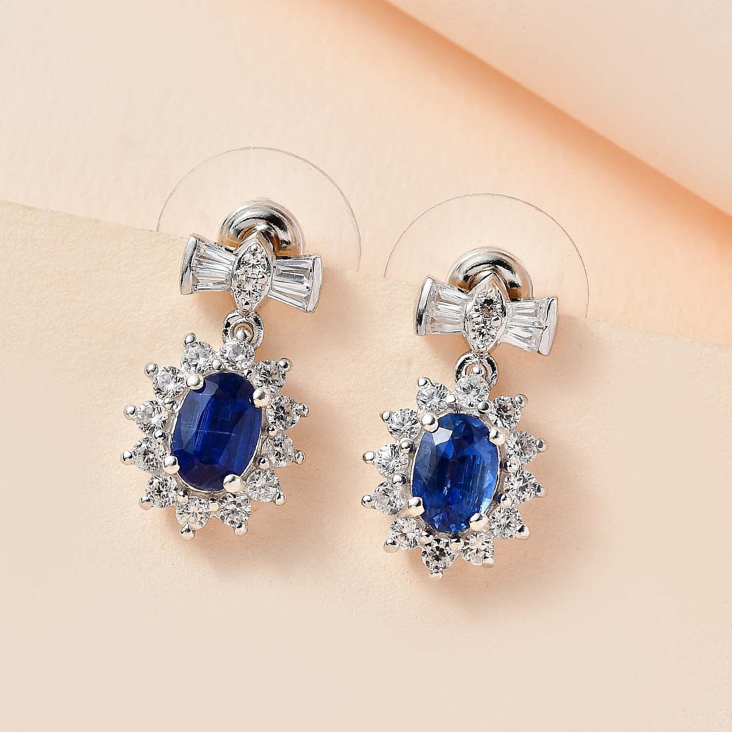 Kashmir Kyanite and White Zircon Sunburst Earrings in Platinum Over Sterling Silver 4.00 ctw