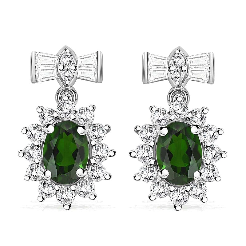 Chrome Diopside and White Zircon 3.25 ctw Sunburst Earrings in Platinum Over Sterling Silver