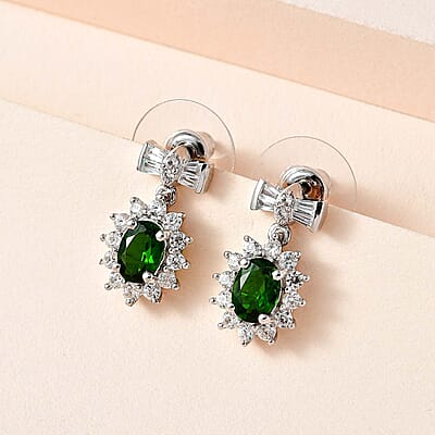 Chrome Diopside and White Zircon 3.25 ctw Sunburst Earrings in Platinum Over Sterling Silver