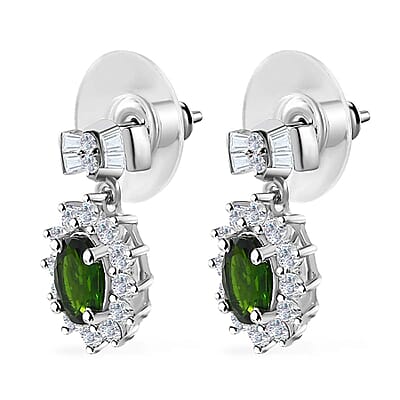 Chrome Diopside and White Zircon 3.25 ctw Sunburst Earrings in Platinum Over Sterling Silver