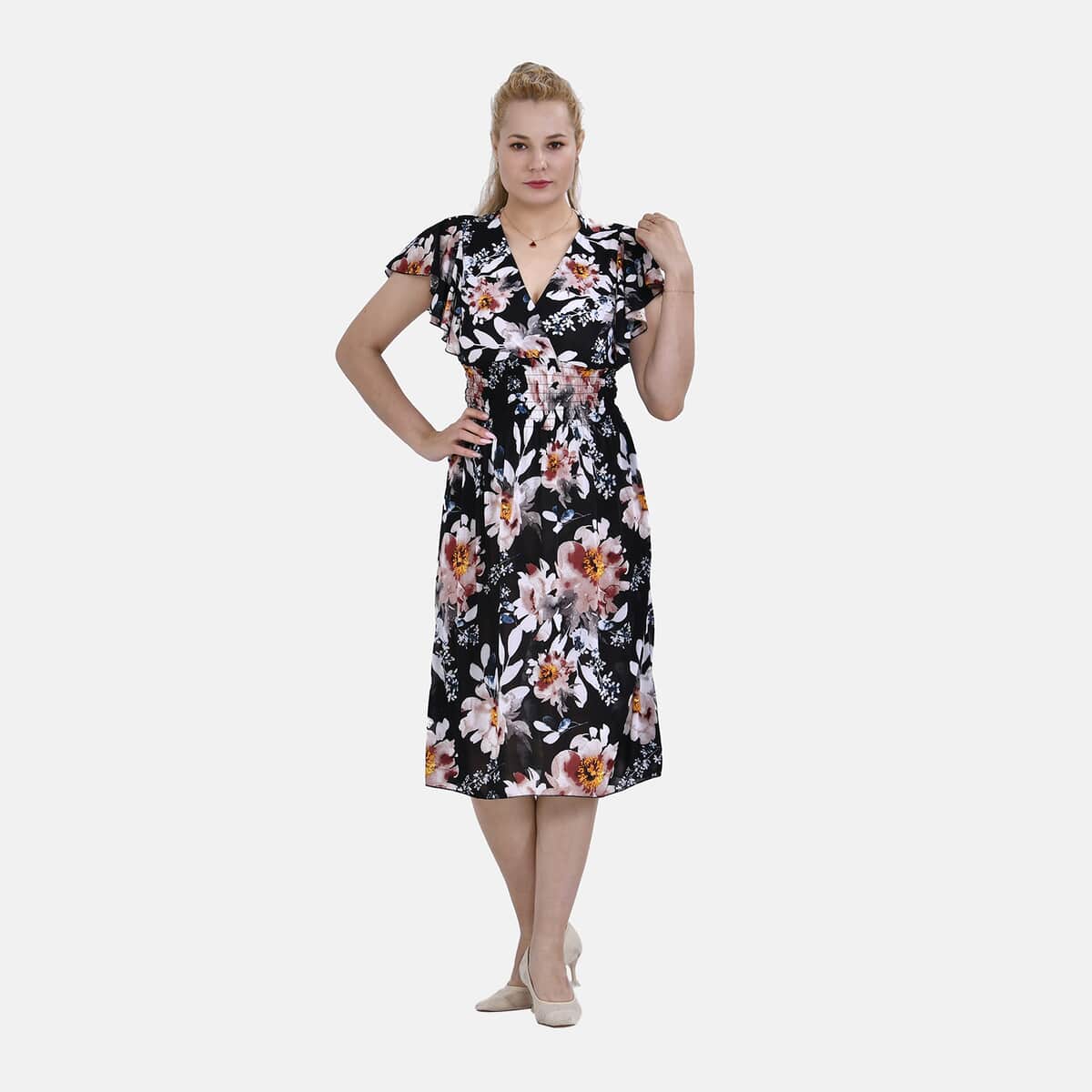 Tamsy Black Floral Smocked Waist Midi Dress with Flutter Sleeves - One Size Fits Most image number 0