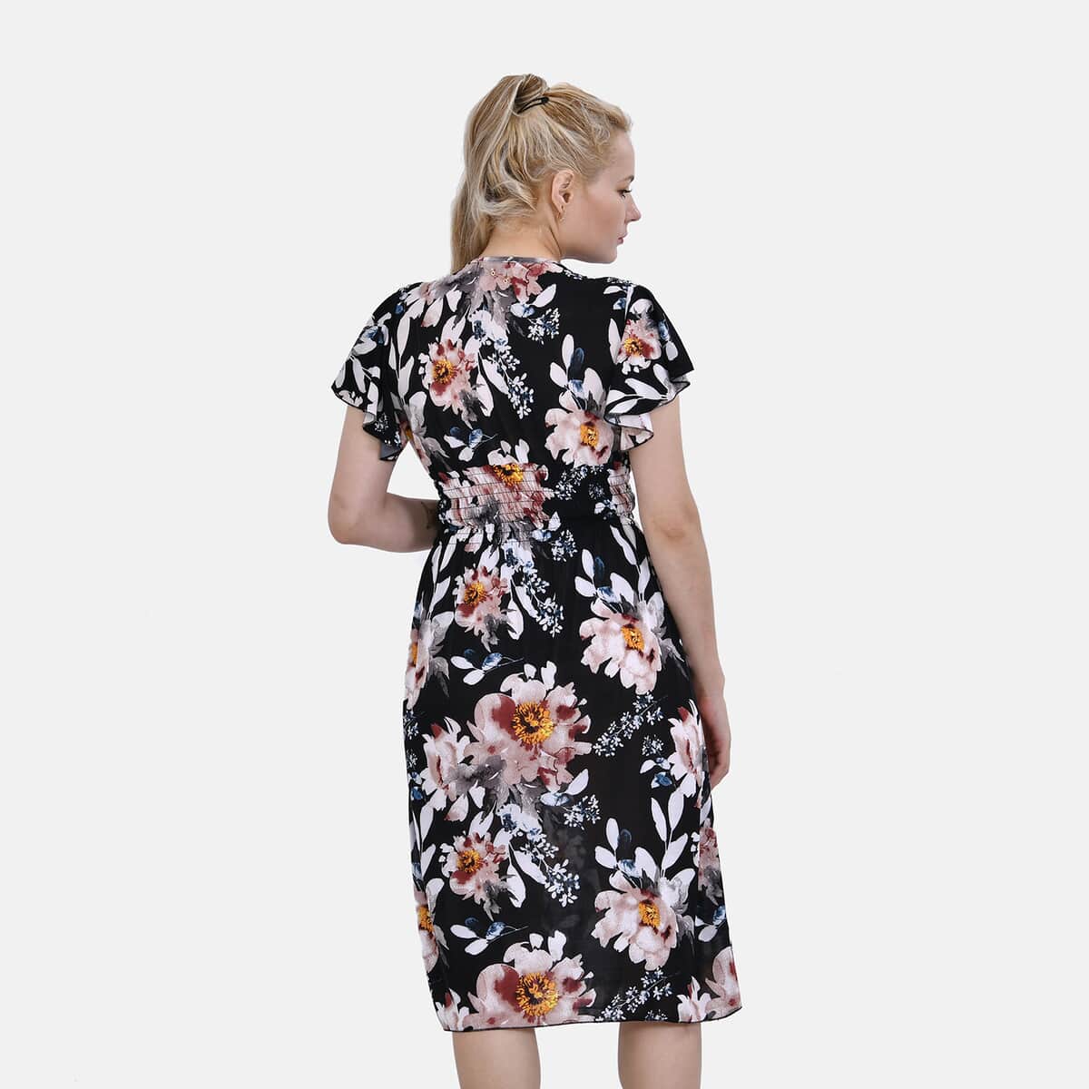 Tamsy Black Floral Smocked Waist Midi Dress with Flutter Sleeves - One Size Fits Most image number 1