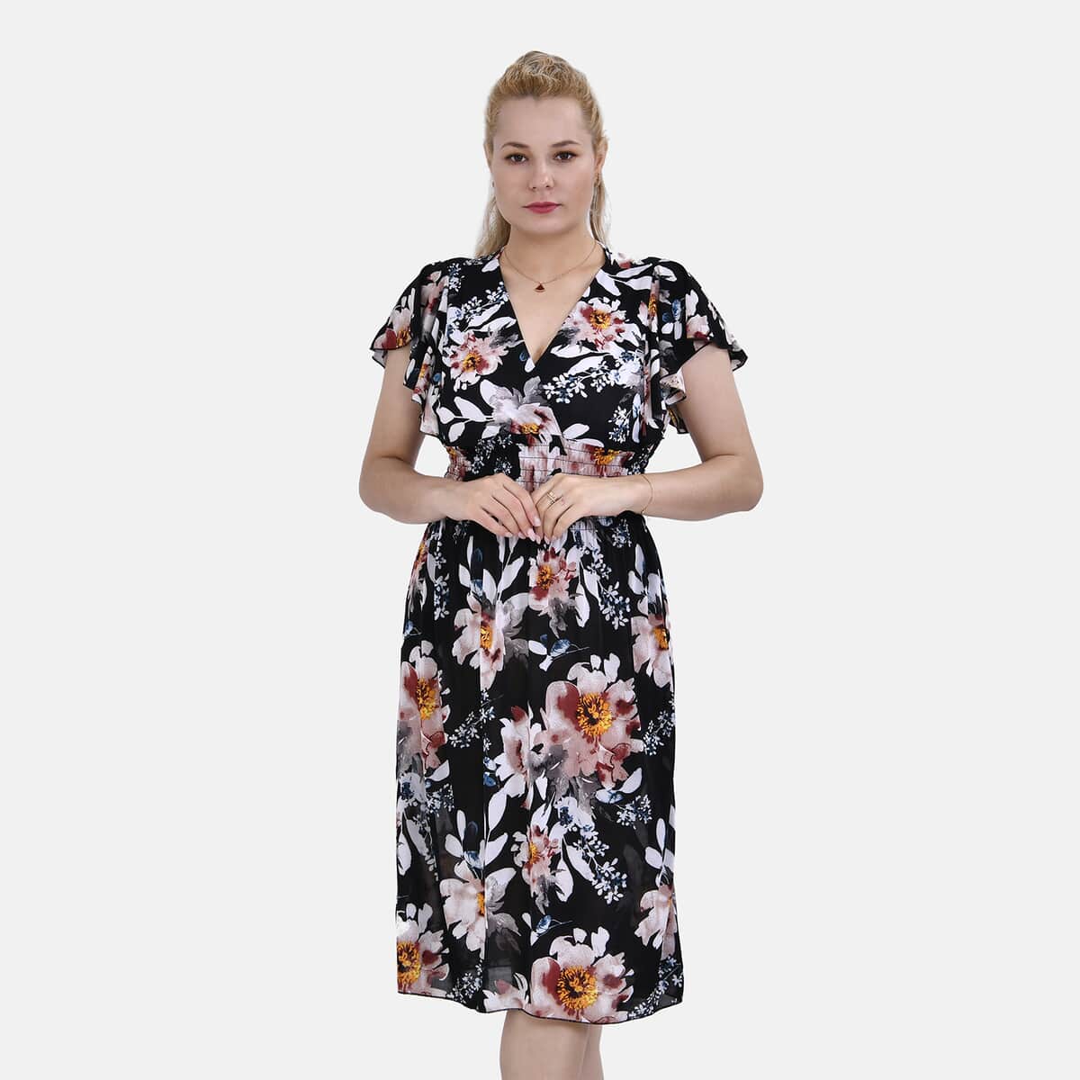 Tamsy Black Floral Smocked Waist Midi Dress with Flutter Sleeves - One Size Fits Most image number 3