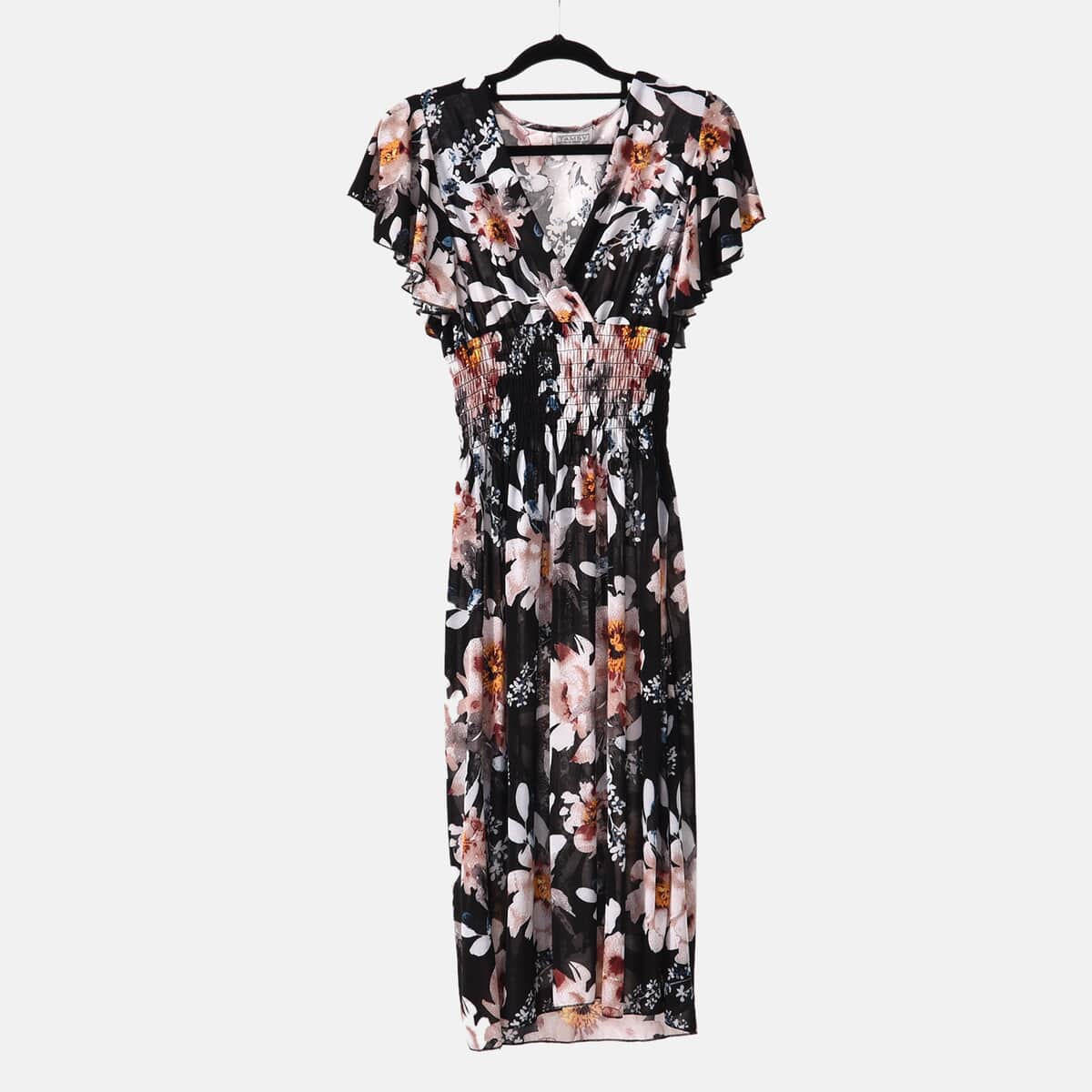 Tamsy Black Floral Smocked Waist Midi Dress with Flutter Sleeves - One Size Fits Most image number 7