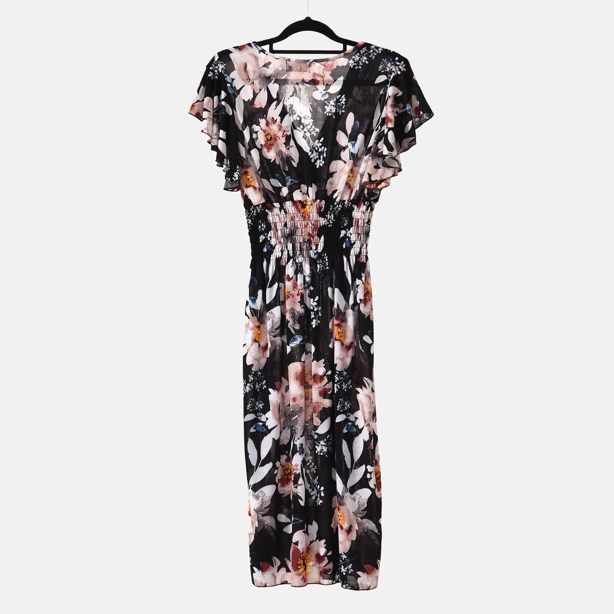 Tamsy Black Floral Smocked Waist Midi Dress with Flutter Sleeves - One Size Fits Most image number 8