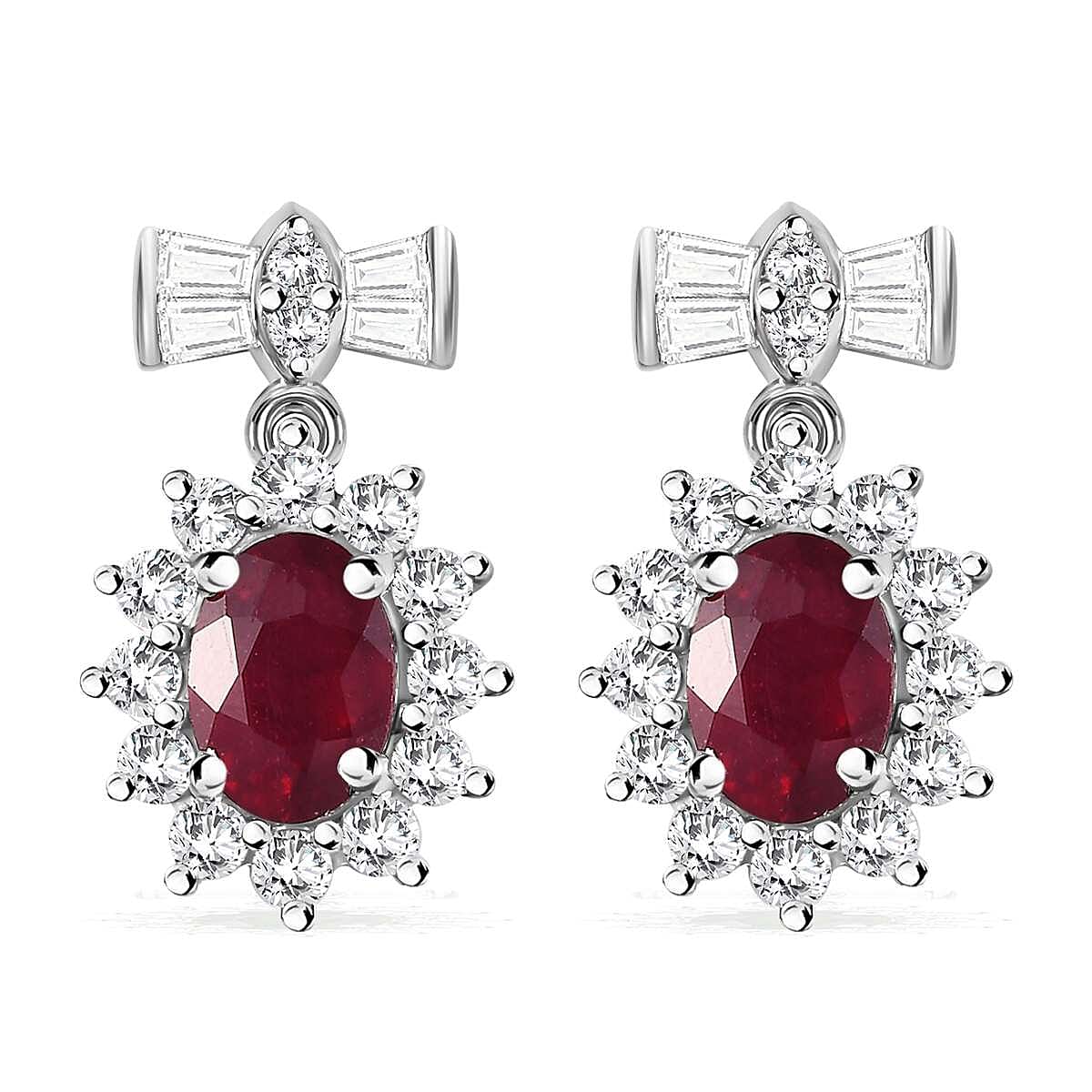 Niassa Ruby (FF) and White Zircon 4.25 ctw Sunburst Earrings in Platinum Over Sterling Silver image number 0