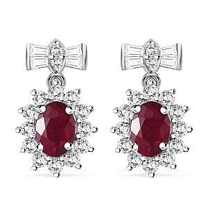 Niassa Ruby (FF) and White Zircon 4.25 ctw Sunburst Earrings in Platinum Over Sterling Silver