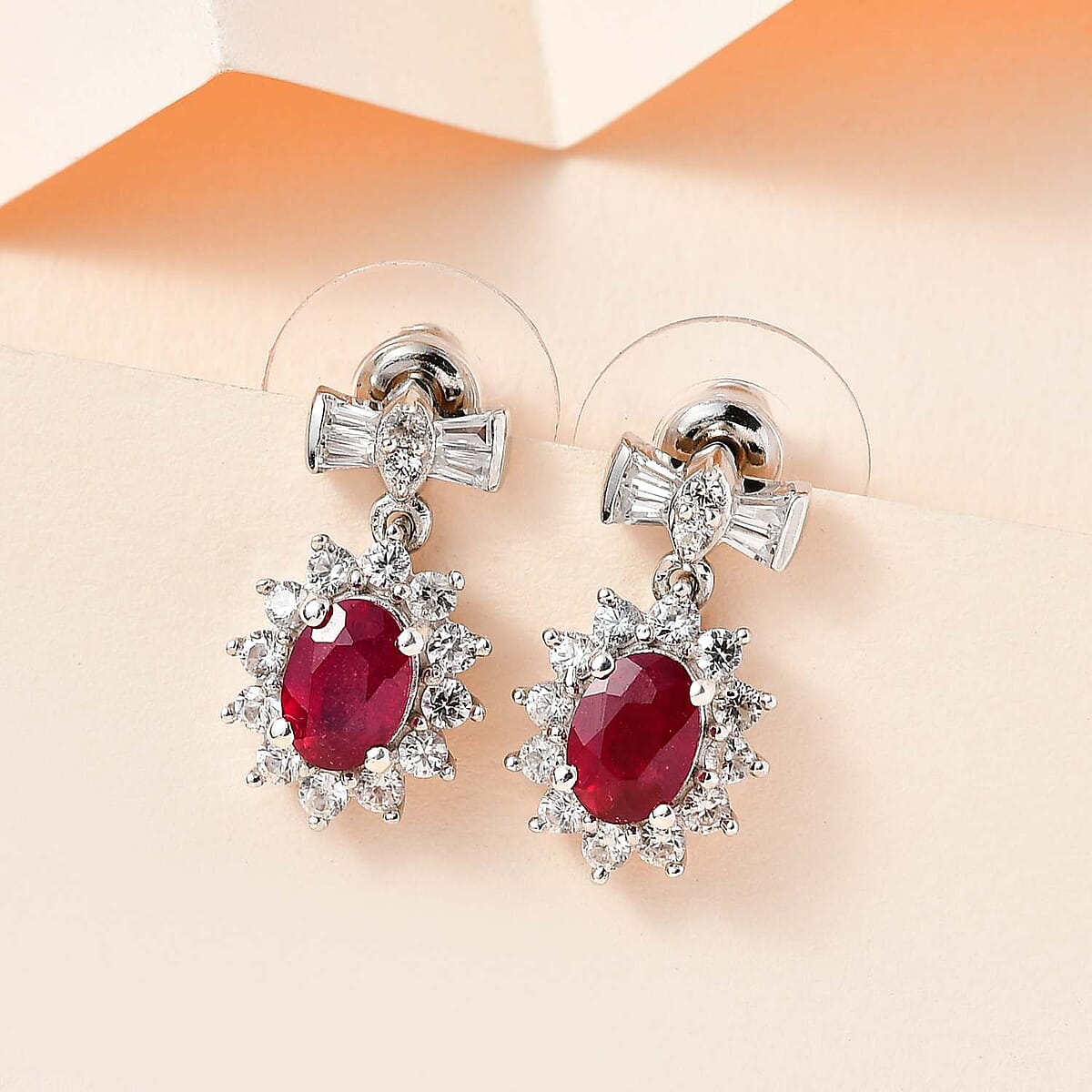 Niassa Ruby (FF) and White Zircon 4.25 ctw Sunburst Earrings in Platinum Over Sterling Silver image number 1