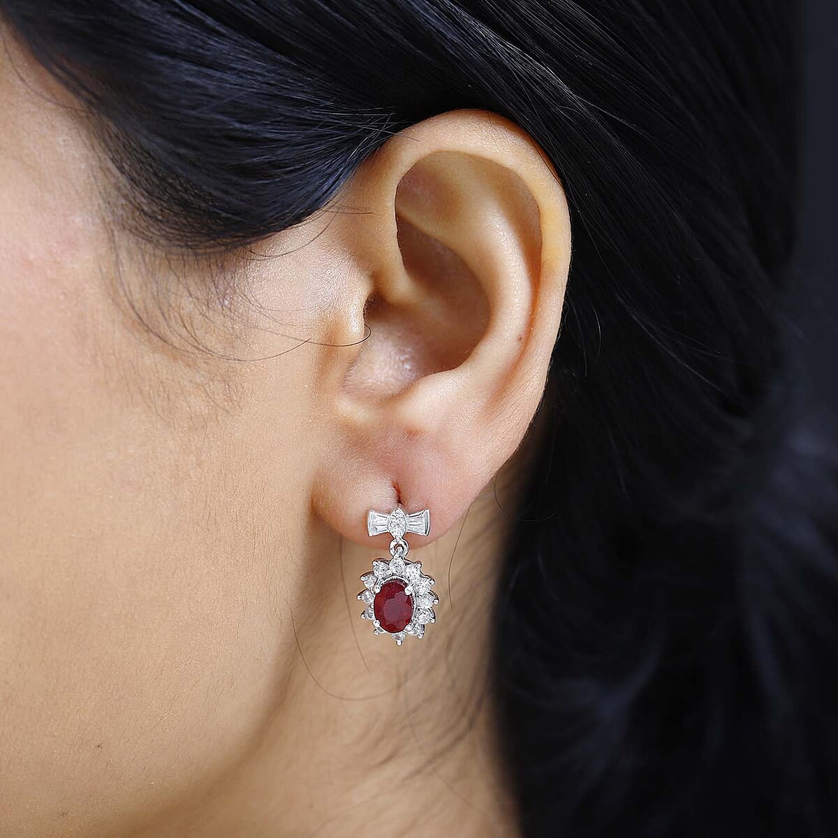 Niassa Ruby (FF) and White Zircon 4.25 ctw Sunburst Earrings in Platinum Over Sterling Silver image number 2