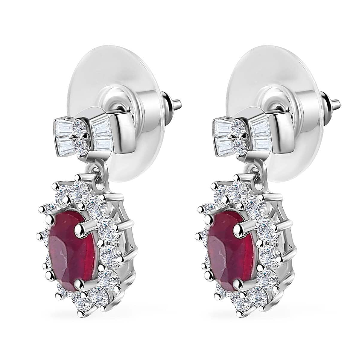Niassa Ruby (FF) and White Zircon 4.25 ctw Sunburst Earrings in Platinum Over Sterling Silver image number 3