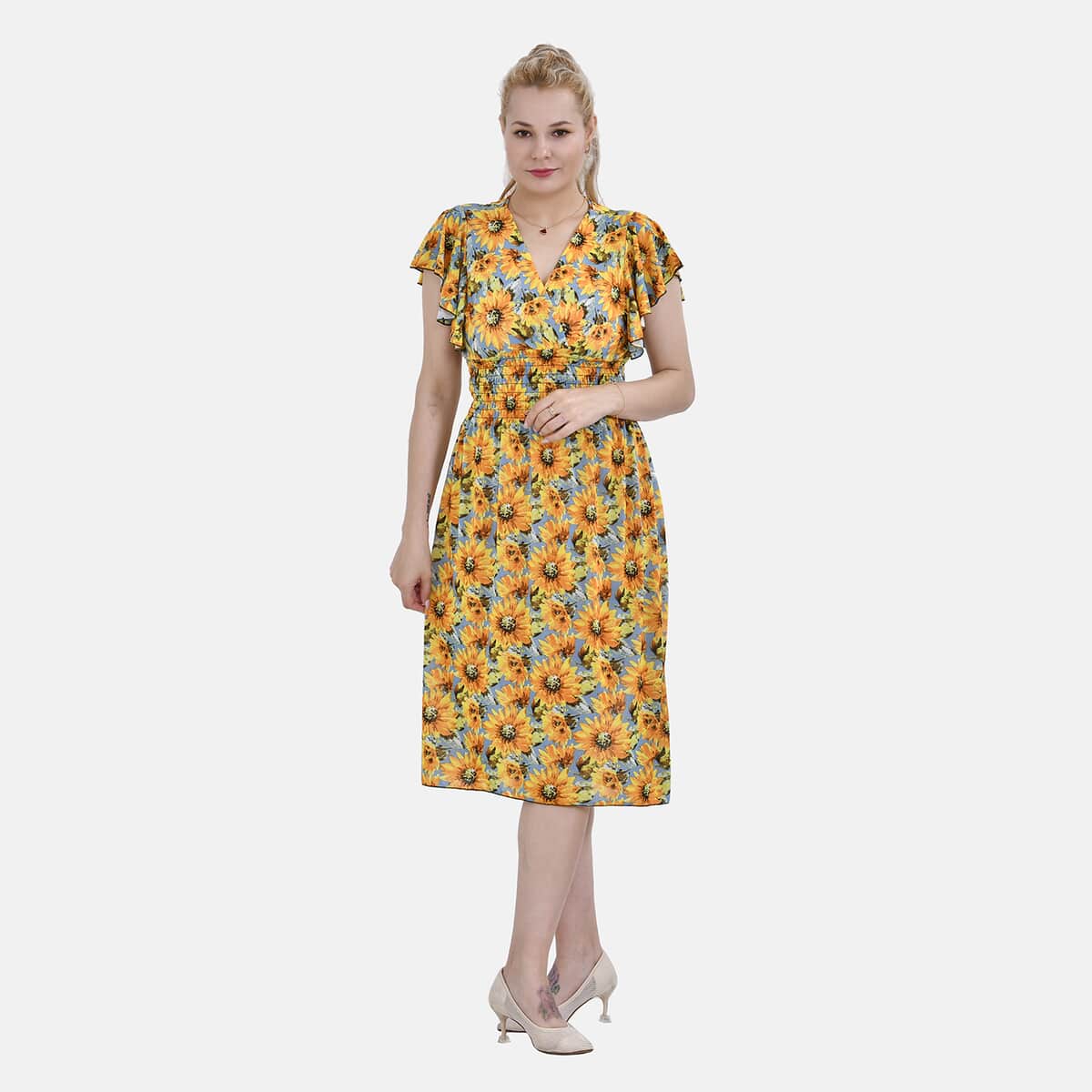 Tamsy Yellow Daisy Smocked Waist Midi Dress with Flutter Sleeves - One Size Fits Most image number 0