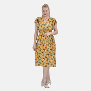 Tamsy Yellow Daisy Smocked Waist Midi Dress with Flutter Sleeves - One Size Fits Most