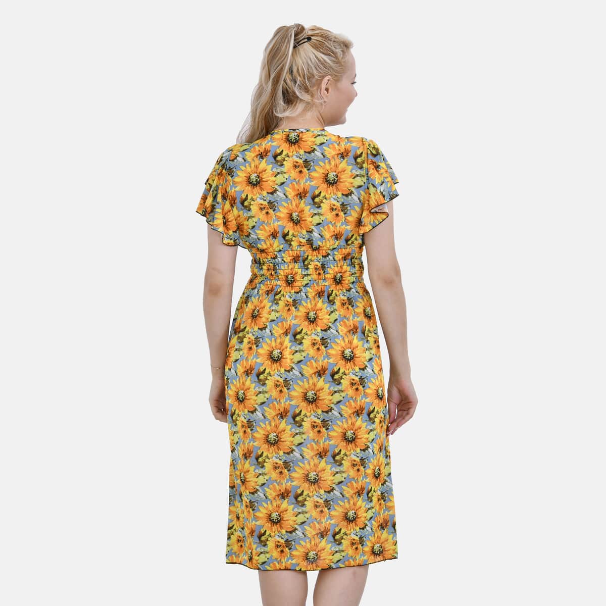 Tamsy Yellow Daisy Smocked Waist Midi Dress with Flutter Sleeves - One Size Fits Most image number 1