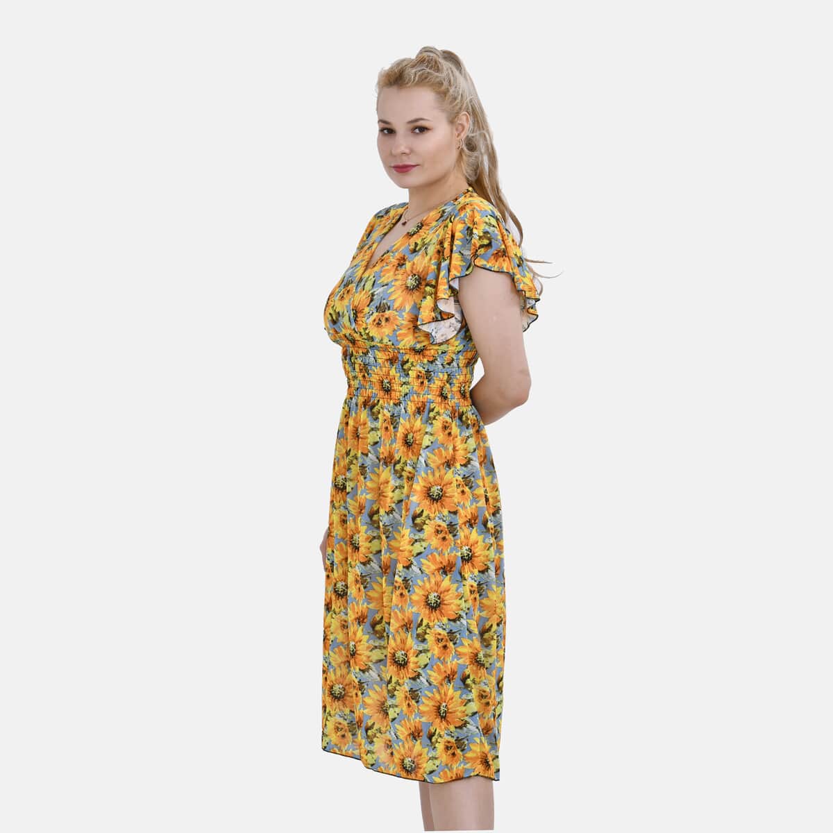 Tamsy Yellow Daisy Smocked Waist Midi Dress with Flutter Sleeves - One Size Fits Most image number 2